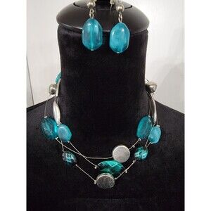Turquoise/Teal/Silver Colored Layered Necklace With Matching Earrings